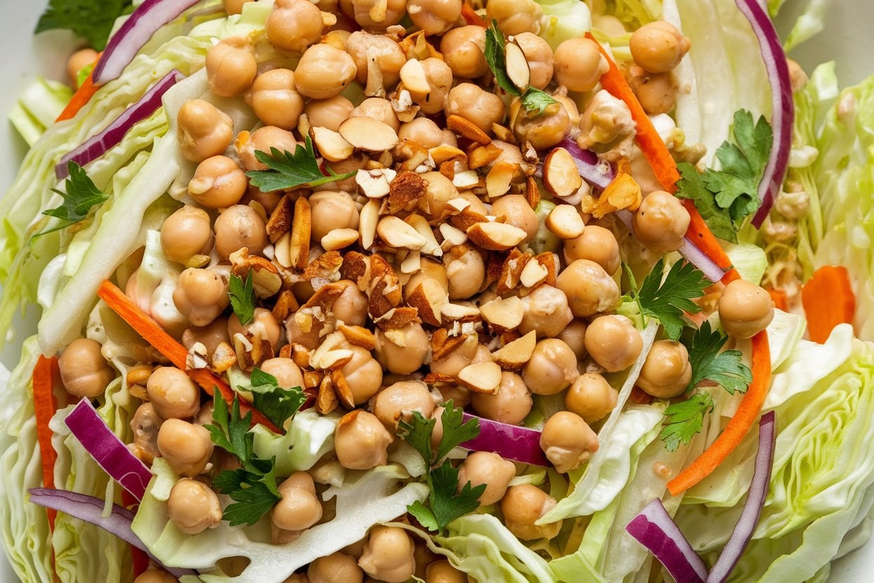 Crunchy salad of chickpeas and cabbage with tahini sauce - Photo VGAI