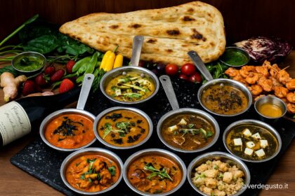 Selection of Indian curry, Naan and Tandoro with contours and spices - Traditional Street Food of North India