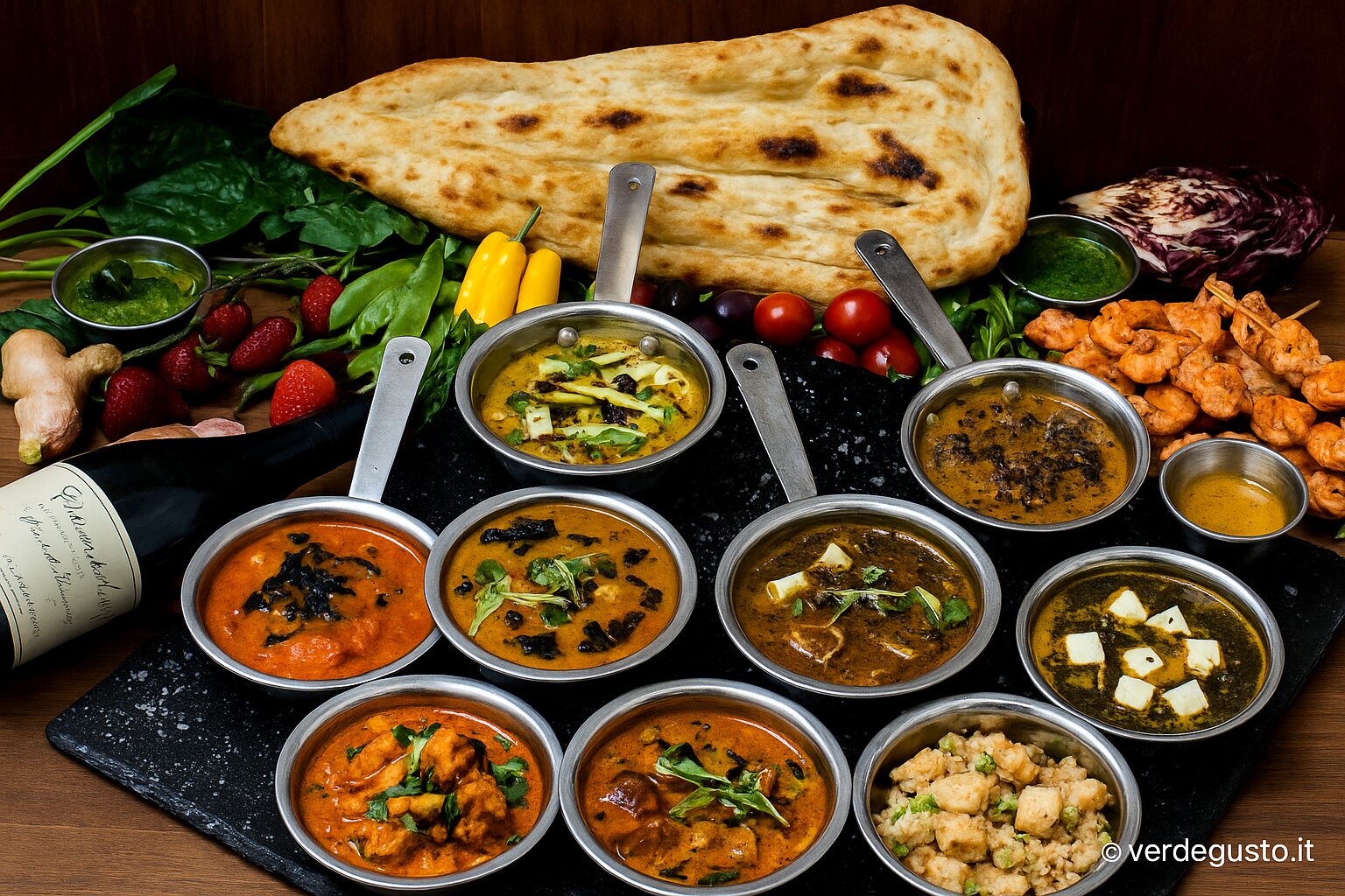selezione di curry indiani, naan e tandoori con contorni e spezie – street food tradizionale dell’India del nord