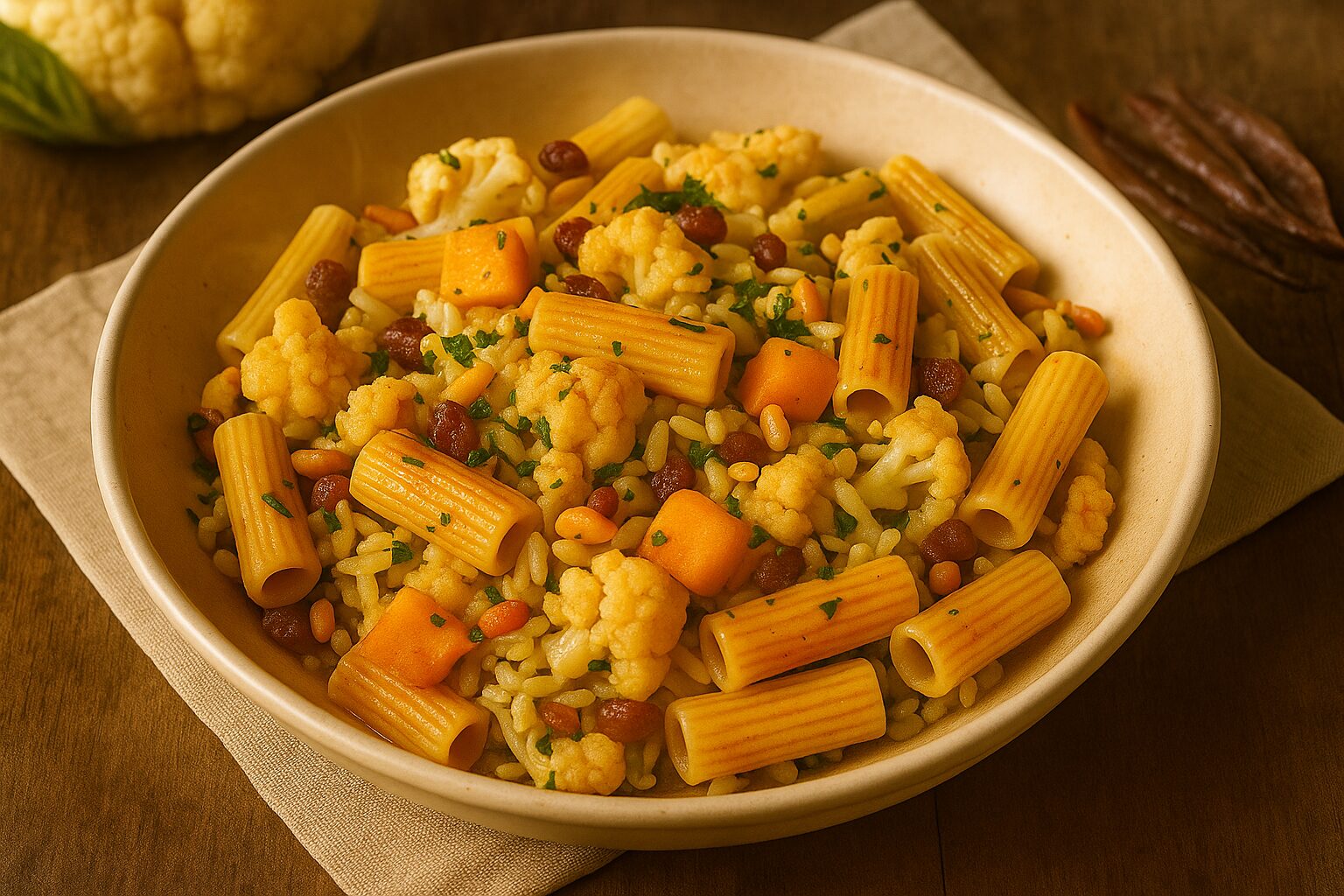 Rigatoni con cavolfiore, acciughe, pinoli e uvetta - Foto VGAI