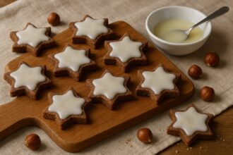 Stelline di Natale al cacao e nocciole con glassa al limone su tagliere di legno, foto casalinga realistica - Foto Vgai