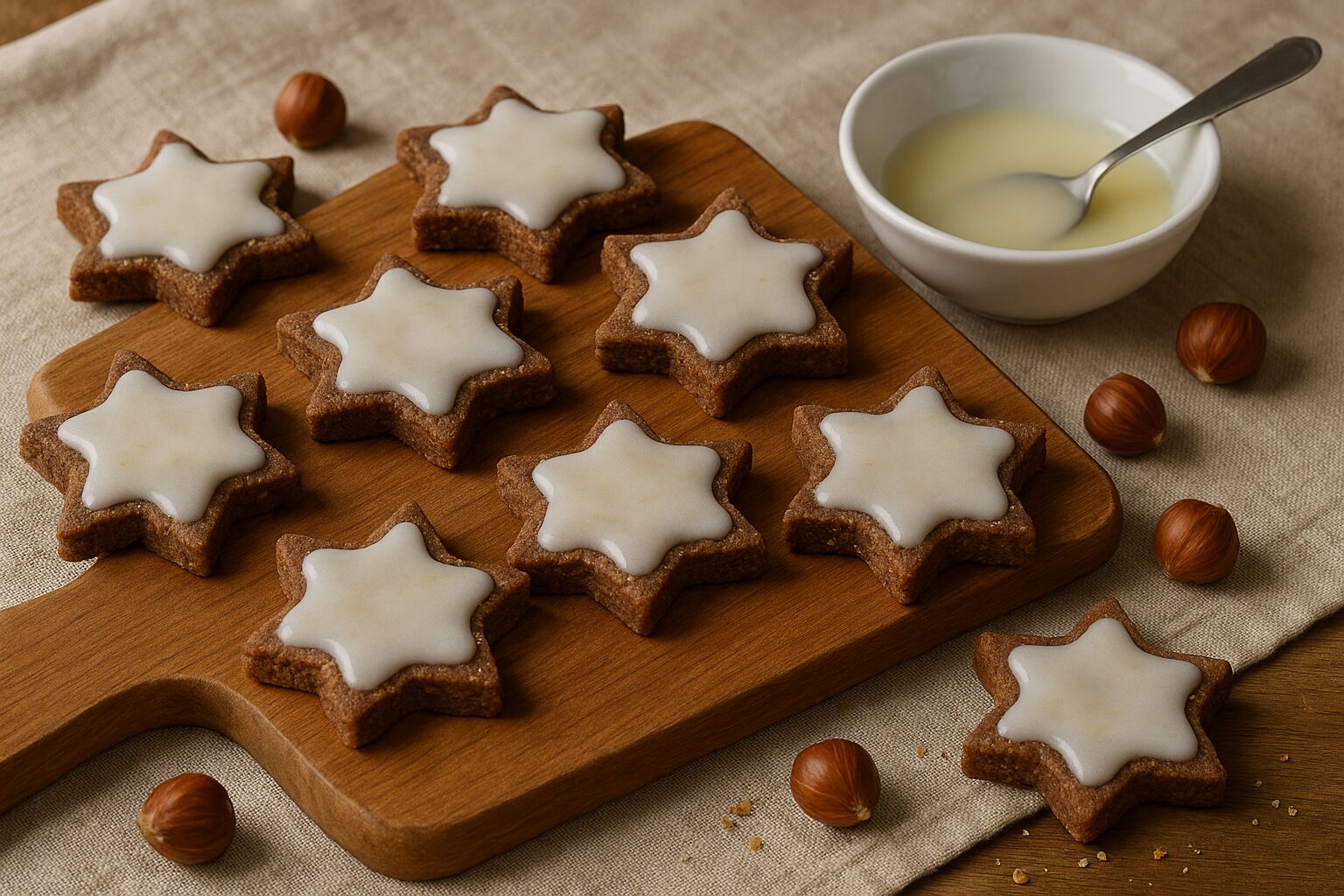 Stelline di Natale al cacao e nocciole con glassa al limone su tagliere di legno, foto casalinga realistica - Foto Vgai