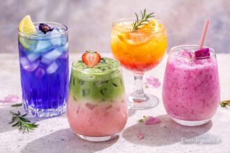 Bevande colorate naturali in bicchieri trasparenti: drink blu, verde, arancione e rosa fotografati in stile aesthetic - Foto Vgao
