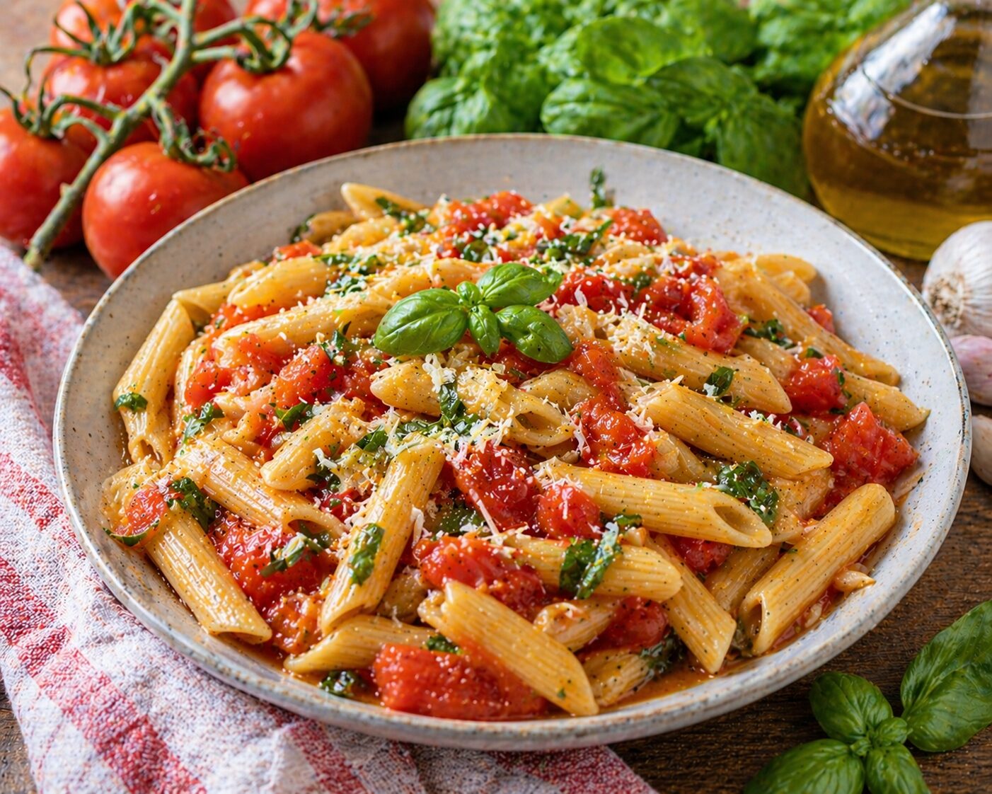 Pennette primavera, ricetta fresca con pomodori, basilico e parmigiano - Foto vgai