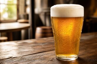 Bicchiere di birra con schiuma compatta durante la degustazione