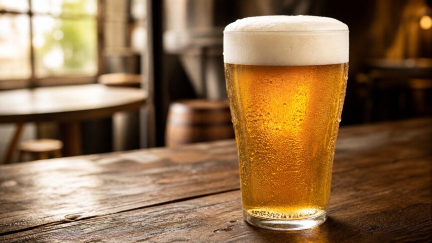 Bicchiere di birra con schiuma compatta durante la degustazione