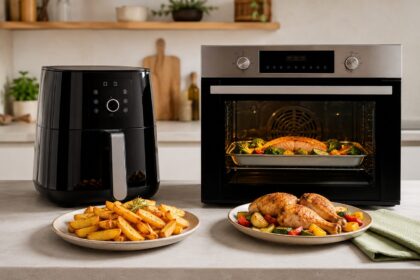 Friggitrice ad aria e forno ventilato in una cucina moderna con verdure e patate croccanti - Foto vgai