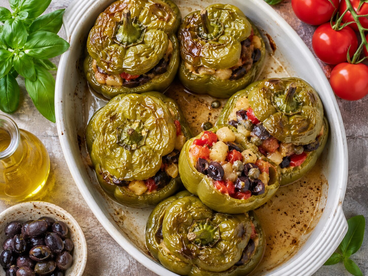 Peperoni ripieni d’estate con verdure, olive e groviera