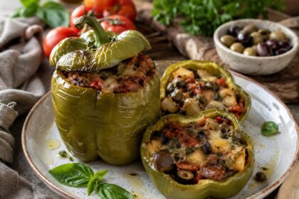 Peperoni ripieni d’estate con verdure, olive e groviera