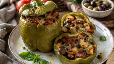 Peperoni ripieni d’estate con verdure, olive e groviera