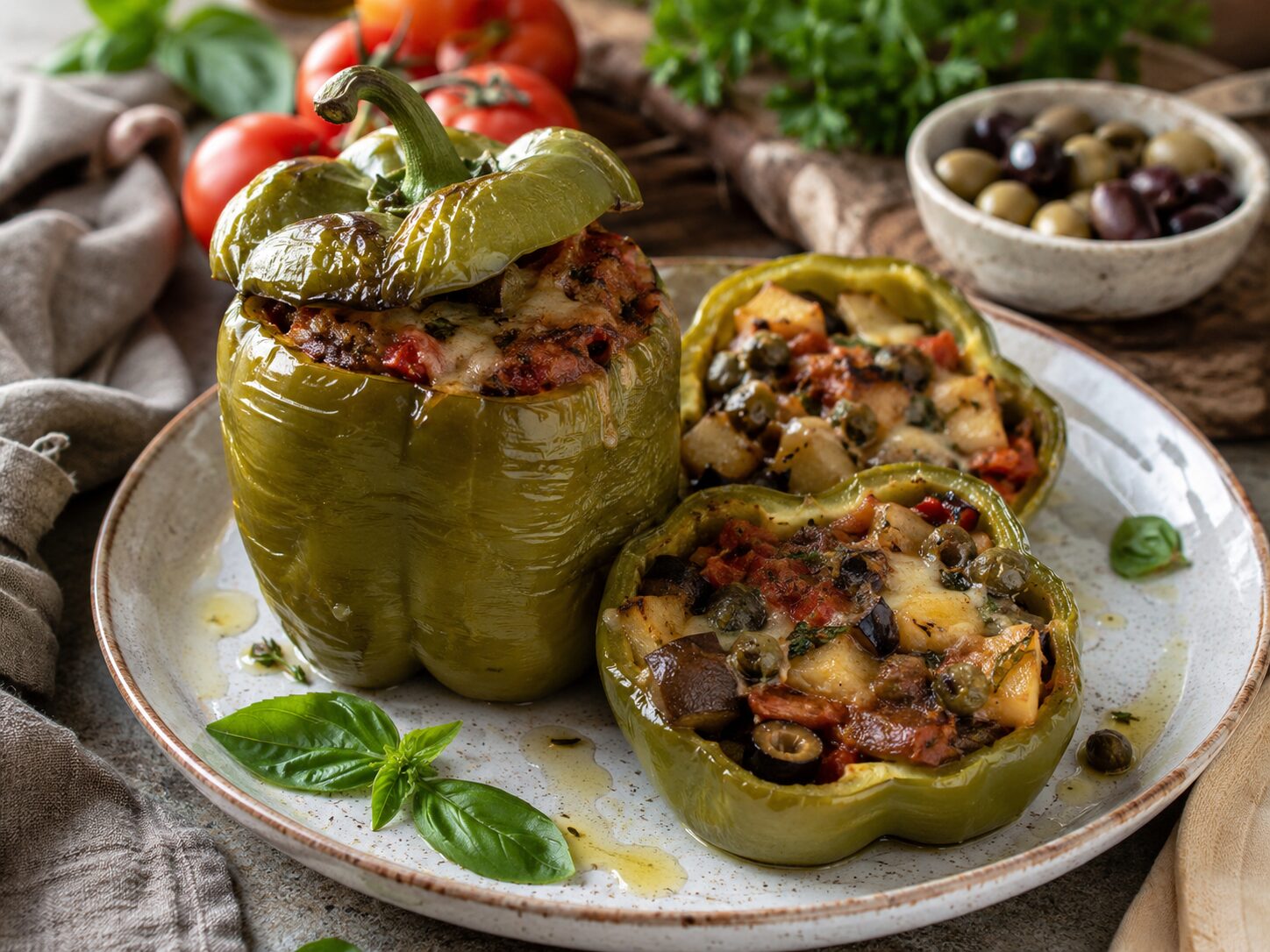 Peperoni ripieni d’estate con verdure, olive e groviera
