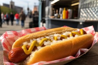 Hot dog americano con senape e cipolle servito come street food