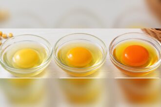 Tre uova con tuorli di colore giallo chiaro, dorato e arancione, differenti in base all’alimentazione della gallina.