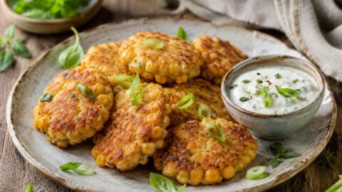 Frittelle di mais dolce dorate servite con salsa alle erbe su un piatto rustico.
