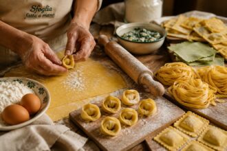 Pasta fatta a mano a Bologna con sfoglia all’uovo, tortellini, tagliatelle e mattarello su tavolo rustico.