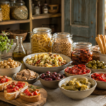 Dispensa salvacena con sottoli, conserve, pasta, legumi, bruschette e ingredienti per una cena veloce