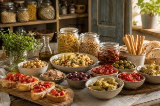 Dispensa salvacena con sottoli, conserve, pasta, legumi, bruschette e ingredienti per una cena veloce