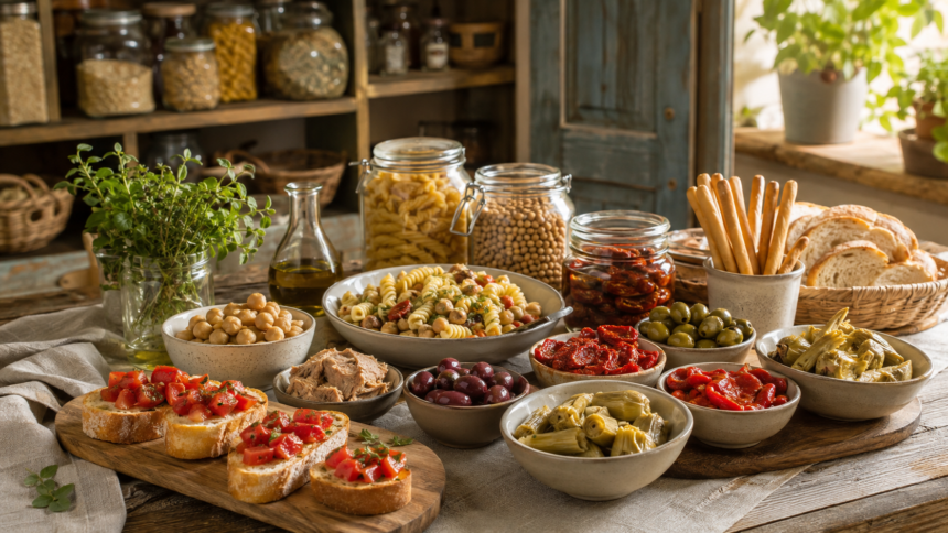 Dispensa salvacena con sottoli, conserve, pasta, legumi, bruschette e ingredienti per una cena veloce