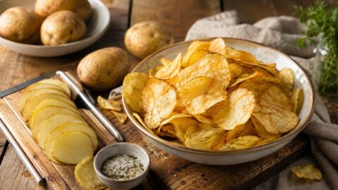 Patatine croccanti fatte in casa con friggitrice ad aria, con patate affettate e sale aromatico.