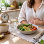 Pasto leggero con insalata, acqua, tisana e orologio, mentre una persona appoggia una mano sull’addome.