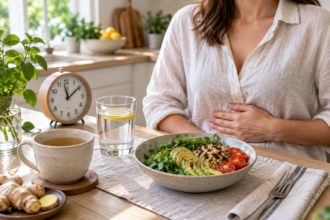 Pasto leggero con insalata, acqua, tisana e orologio, mentre una persona appoggia una mano sull’addome.