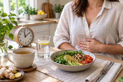 Pasto leggero con insalata, acqua, tisana e orologio, mentre una persona appoggia una mano sull’addome.