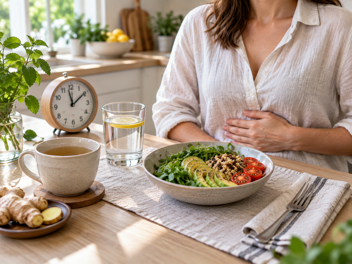 Pasto leggero con insalata, acqua, tisana e orologio, mentre una persona appoggia una mano sull’addome.