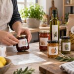 Prodotti alimentari confezionati con etichette adesive neutre su un piano di lavoro.