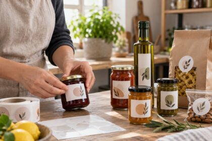 Prodotti alimentari confezionati con etichette adesive neutre su un piano di lavoro.