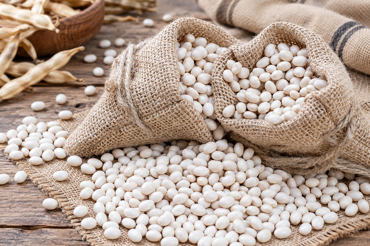 Fagioli Bianchi di Rotonda DOP in sacchetti di juta, con granella bianca sparsa su una superficie intrecciata.