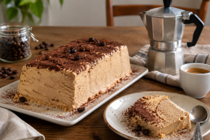 Pànera genovese in versione casalinga, semifreddo al caffè con cacao e chicchi tostati, servita su tavolo di legno con moka.