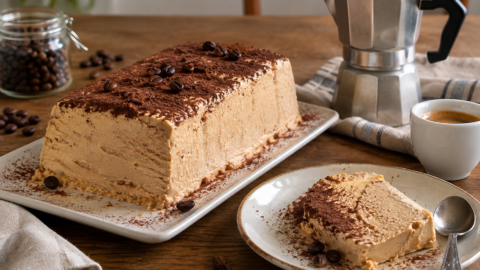 Pànera genovese in versione casalinga, semifreddo al caffè con cacao e chicchi tostati, servita su tavolo di legno con moka.