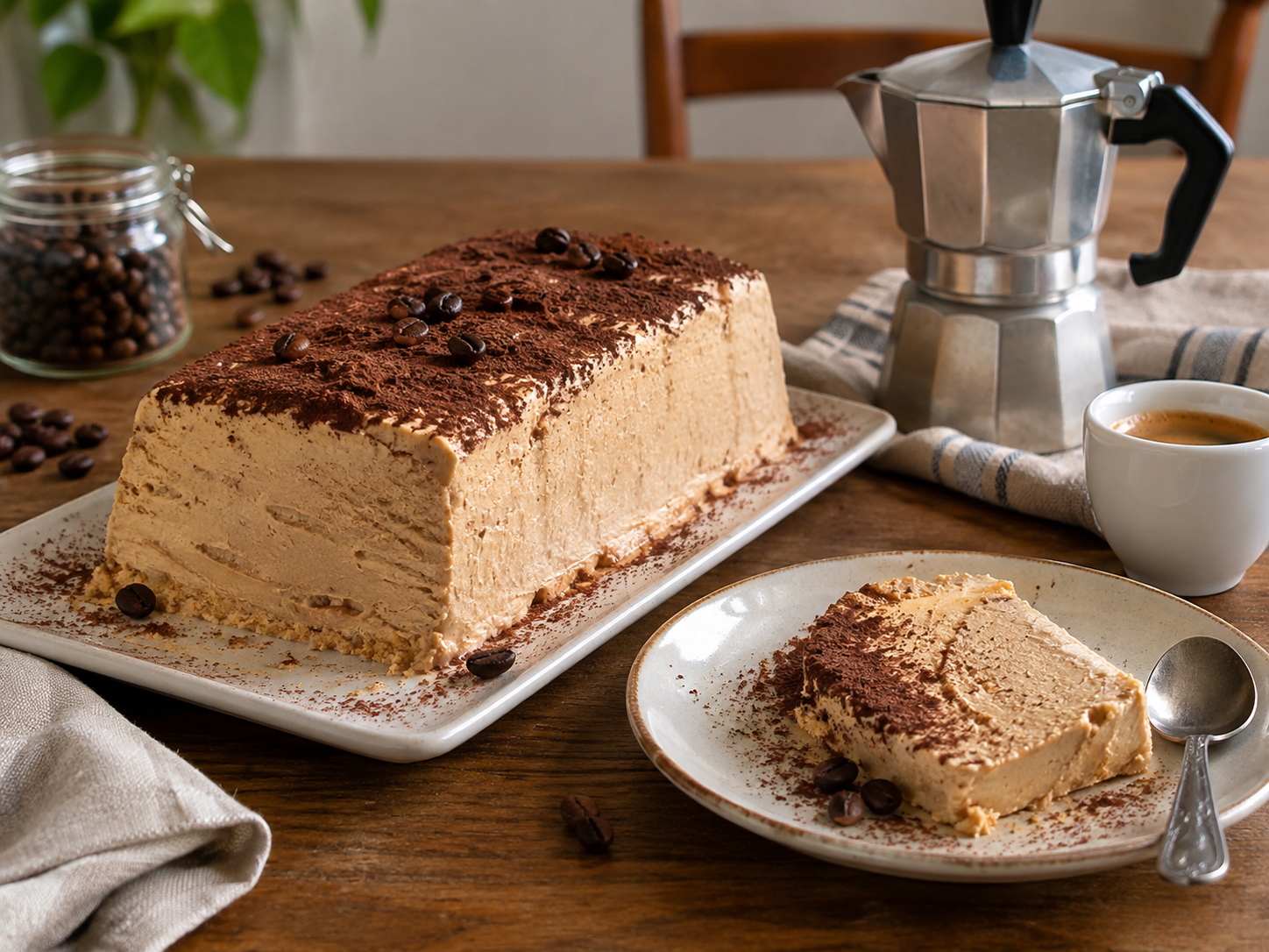 Pànera genovese in versione casalinga, semifreddo al caffè con cacao e chicchi tostati, servita su tavolo di legno con moka.