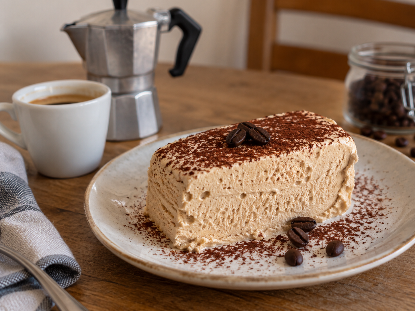Fetta di pànera genovese, semifreddo al caffè con cacao e chicchi di caffè, servita su un piatto in legno con moka ed espresso.