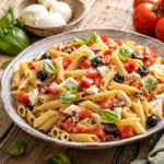 Pasta fredda estiva con mozzarella, olive nere, pomodori, basilico e acciughe servita in un piatto rustico.