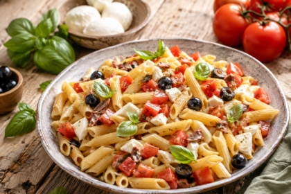 Pasta fredda estiva con mozzarella, olive nere, pomodori, basilico e acciughe servita in un piatto rustico.