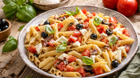 Pasta fredda estiva con mozzarella, olive nere, pomodori, basilico e acciughe servita in un piatto rustico.