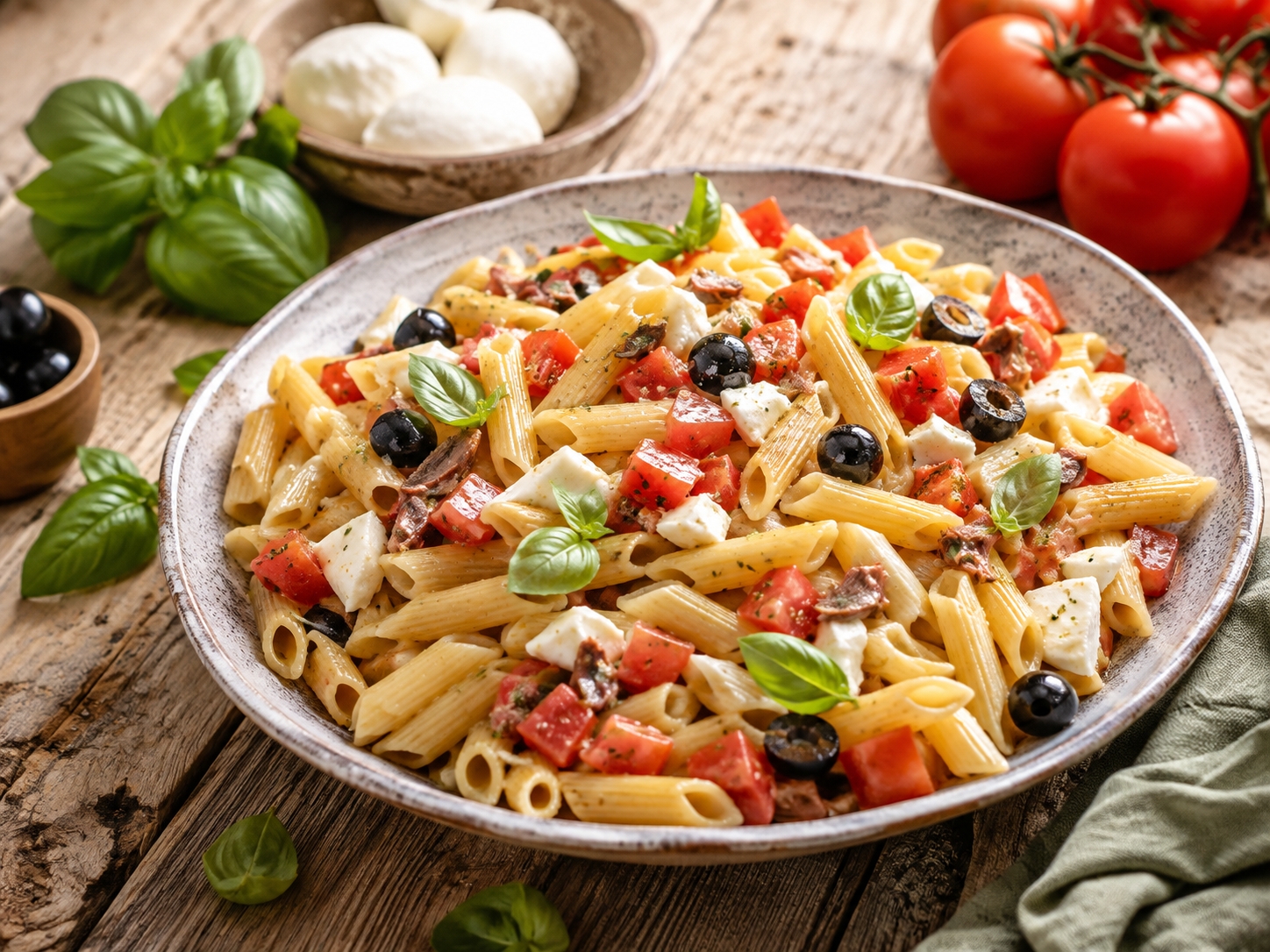Pasta fredda estiva con mozzarella, olive nere, pomodori, basilico e acciughe servita in un piatto rustico.