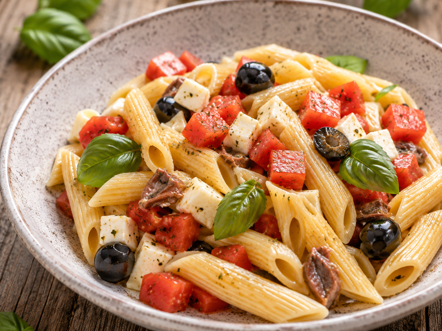 Penne fredde con mozzarella, pomodori, olive nere, basilico e acciughe in primo piano.