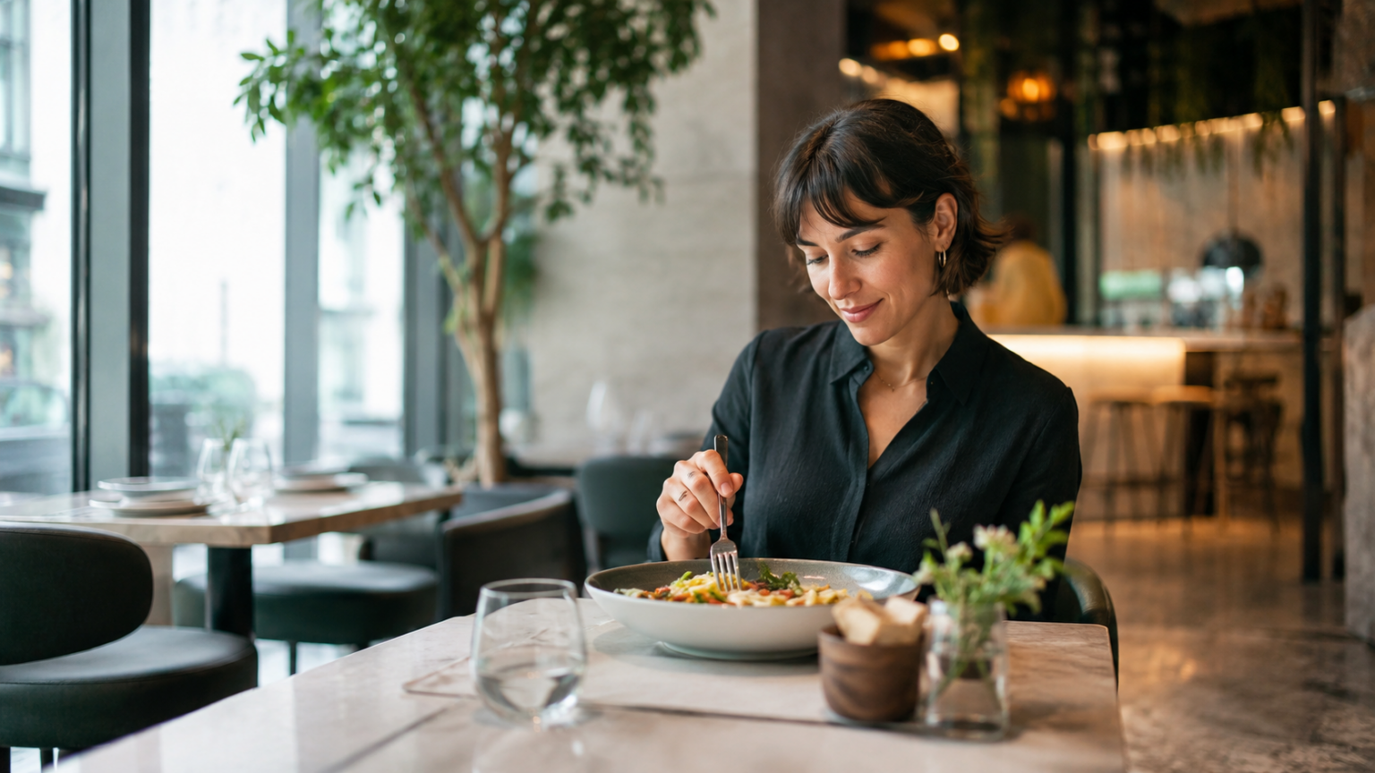 Donna che mangia da sola in un ristorante moderno, simbolo della crescita del solo dining e dei nuovi comportamenti nella ristorazione. Foto vgai