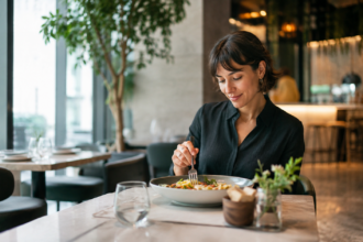 Donna che mangia da sola in un ristorante moderno, simbolo della crescita del solo dining e dei nuovi comportamenti nella ristorazione. Foto vgai