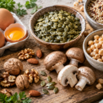 Uova, semi di zucca, ceci, mandorle, noci e funghi, alimenti ricchi di zinco e biotina utili per il benessere dei capelli.