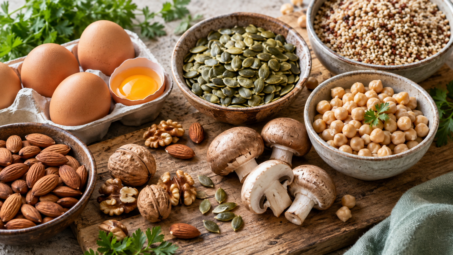 Uova, semi di zucca, ceci, mandorle, noci e funghi, alimenti ricchi di zinco e biotina utili per il benessere dei capelli.