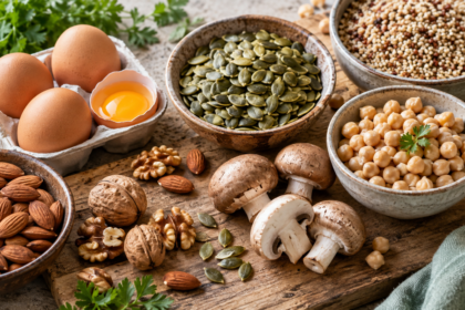 Uova, semi di zucca, ceci, mandorle, noci e funghi, alimenti ricchi di zinco e biotina utili per il benessere dei capelli.