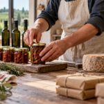 Produttore artigianale confeziona conserve alimentari in un laboratorio con olio, formaggi e prodotti tipici