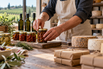 Produttore artigianale confeziona conserve alimentari in un laboratorio con olio, formaggi e prodotti tipici