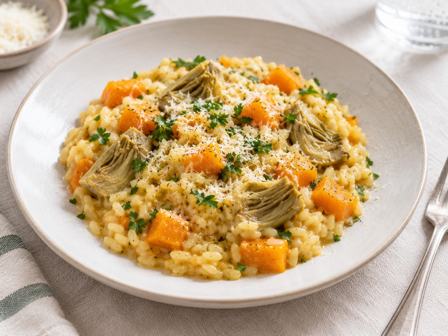 Piatto di risotto con zucca e carciofi cremoso e ben mantecato