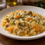 Piatto di risotto con zucca e carciofi cremoso e ben mantecato