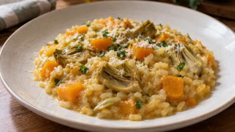 Piatto di risotto con zucca e carciofi cremoso e ben mantecato