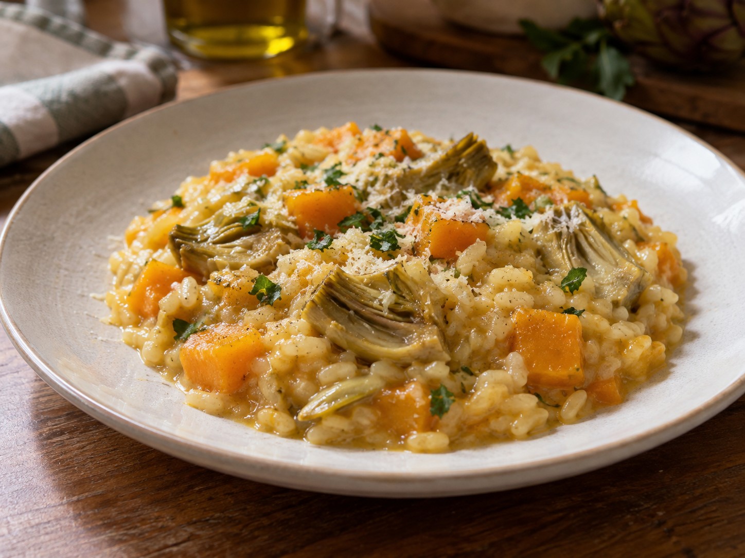 Piatto di risotto con zucca e carciofi cremoso e ben mantecato